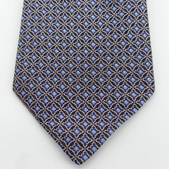 Eton Tie Mens Brown Blue Geometric 100% Silk Made‎ Italy Formal Necktie NWT